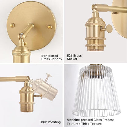 Shenmoyl Vintage Wall Sconces with Transparent Stripe Glass Lampshade 180 Degree Adjustable Brass Sconces Hradwired Modern Wall Lighting Fixture with Switch for Bedside Bedroom Doorway