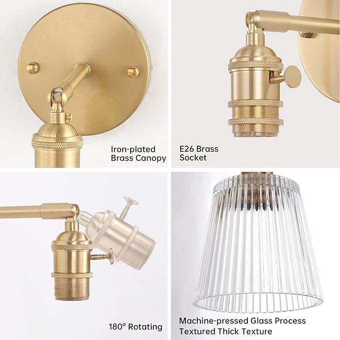 Shenmoyl Vintage Wall Sconces Set of 2 with Transparent Stripe Glass Lampshade 180 Degree Adjustable Brass Sconces Hradwired Modern Wall Lighting Fixture with Switch for Bedside Bedroom Doorway