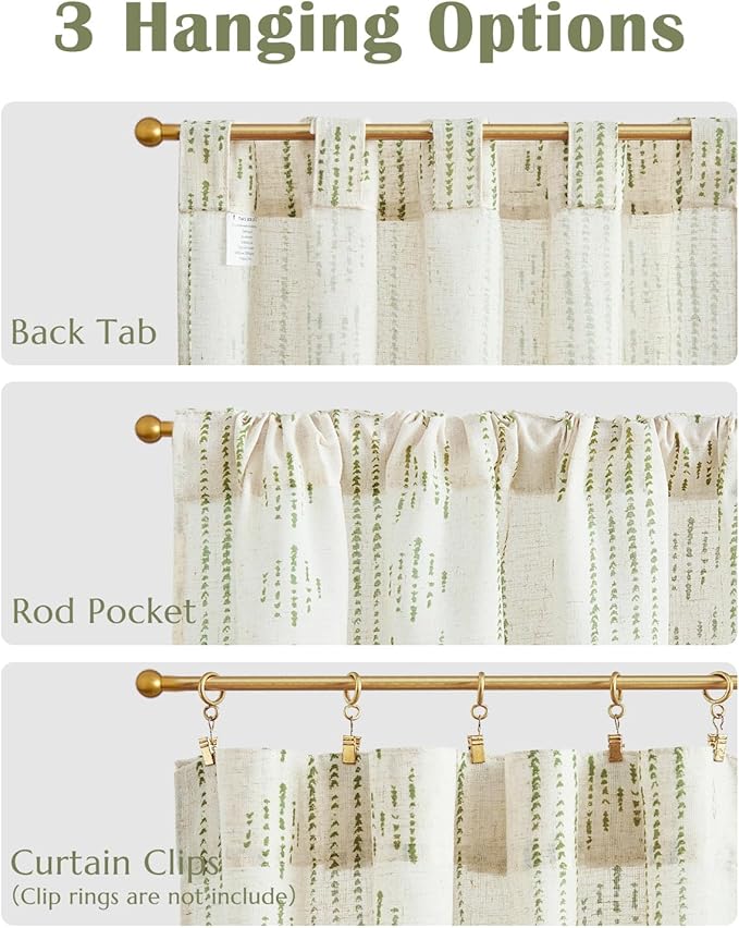 jinchan Boho Kitchen Curtains Linen Cafe Tier Curtains 24 Inch Bohemian Geometric Striped Mudcloth Small Window Drapes for Living Room Bathroom Light Filtering Back Tab 2 Panels Sage Green on Flax