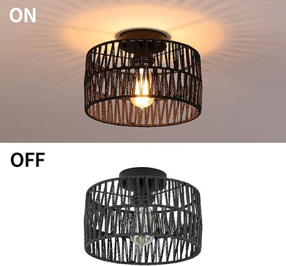 Coastal Black Woven Flush Mount Light Fixture Rustic Industrial Hemp Rope Round Flush Mount Ceiling Light for Hallway Bedroom Farmhouse Kitchen Entryway Hall, Black