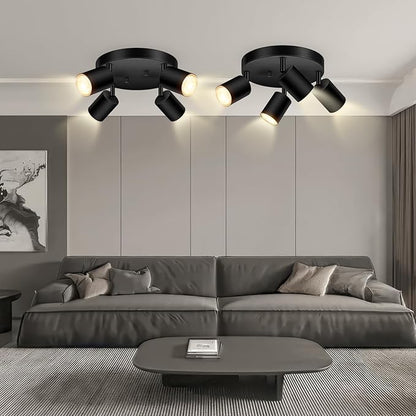4 Light Track Lighting Fixtures Ceiling, Matte Black Round Directional Ceiling Spotlight, GU10 Flush Mount Track Fixture, Adjustable Modern LED Track Lights for Kitchen/Living Room, Bulb Not Included