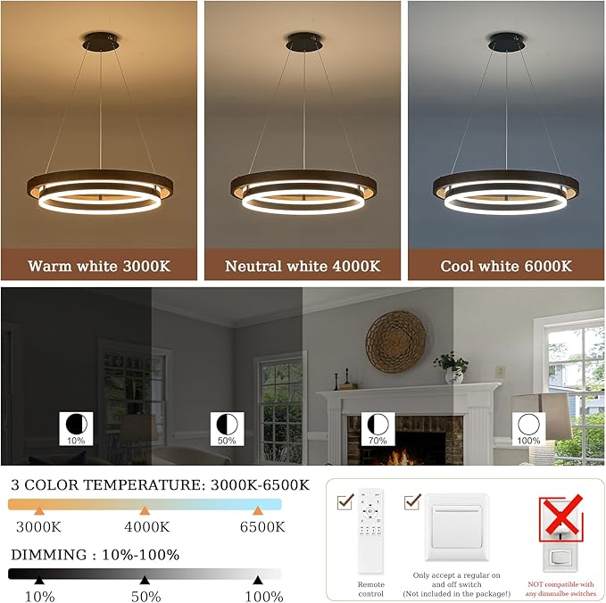 LED Ring Chandelier 24in Solid Gold Oak Wood Chandeliers Dimmable Black Chandeliers Modern Round Chandelier Light for Living Room Dining Room Kitchen Island Bedroom Entry