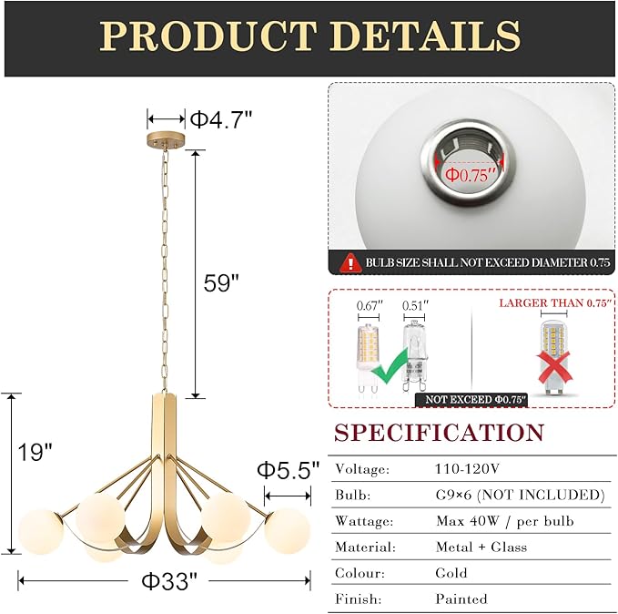 Gold Sputnik Light Fixture Modern Kitchen Chandelier Brassy Gold Bedroom Light Fixtures with Chain 33in Dining Table Light Fixture Mid-Century 6 Light Frosted Glass Chandelier for Living Room Entry