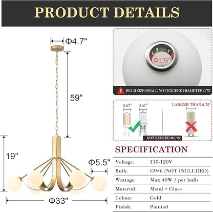 Gold Sputnik Light Fixture Modern Kitchen Chandelier Brassy Gold Bedroom Light Fixtures with Chain 33in Dining Table Light Fixture Mid-Century 6 Light Frosted Glass Chandelier for Living Room Entry