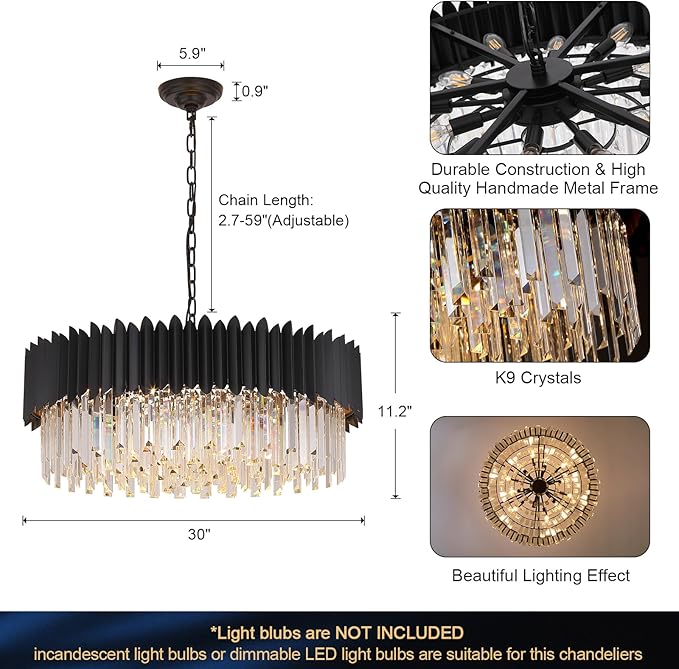Large Crystal Chandelier Modern Black Chandelier for High Ceiling 12 Lights Large Staircase Lighr Round Pendant Light Fixture Hanging Ceiling Light for Dining Room Living Room Entryway Foyer