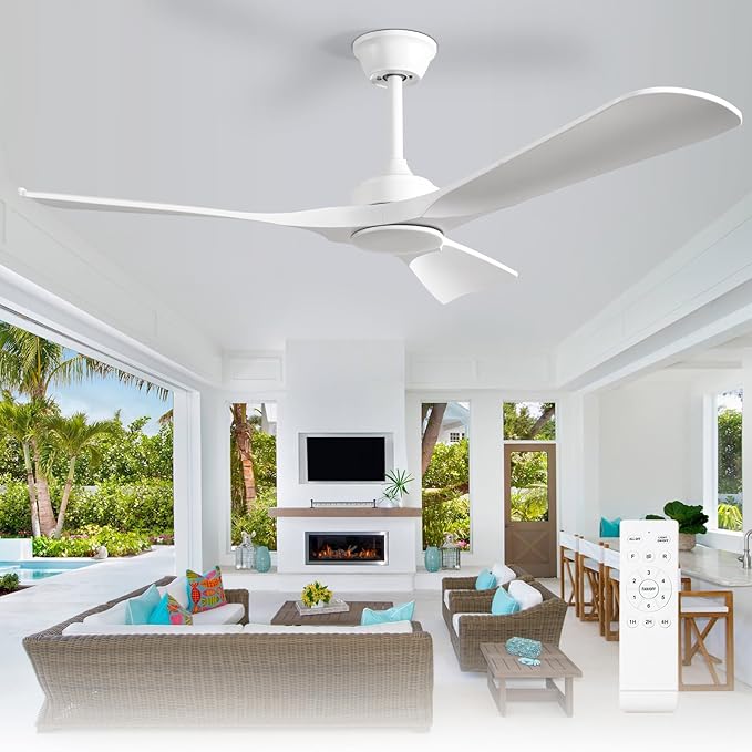 Depuley Ceiling Fan Without Light: 52 Inch 3 Blade Outdoor Fans for Patios - White Ceiling Fan No Light Indoor Remote Control Ultra Quiet DC Motor Reversible 6 Speed Timer