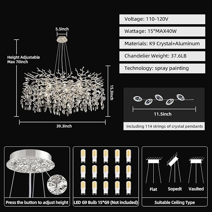Modern Tree Branch Crystal Chandelier 40" Sliver Luxury Large Pendant Lighting 15-Light Contemporary K9 Crystal Chandeliers for Dining Room Kitchen Living Room Foyer Entryway (Sliver, D40"-Round)