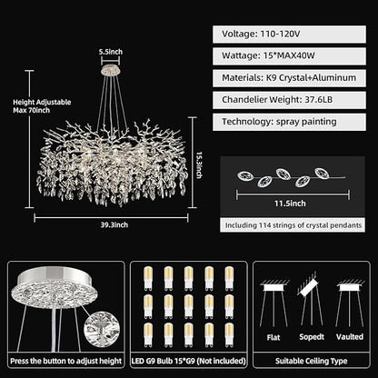 Modern Tree Branch Crystal Chandelier 40" Sliver Luxury Large Pendant Lighting 15-Light Contemporary K9 Crystal Chandeliers for Dining Room Kitchen Living Room Foyer Entryway (Sliver, D40"-Round)