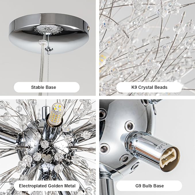 SineRise Modern Crystal Chandeliers Firework, Crystal Light Fixture, Dandelion Chandelier (8-Light, Chrome) for Foyer Hallway Entryway Kitchen Bedroom (Bulbs Not Included)