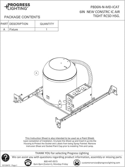 Progress Lighting P806N-N-MD-ICAT 6" Recessed New Construction Housing with Quick Link Connector 6" Trim