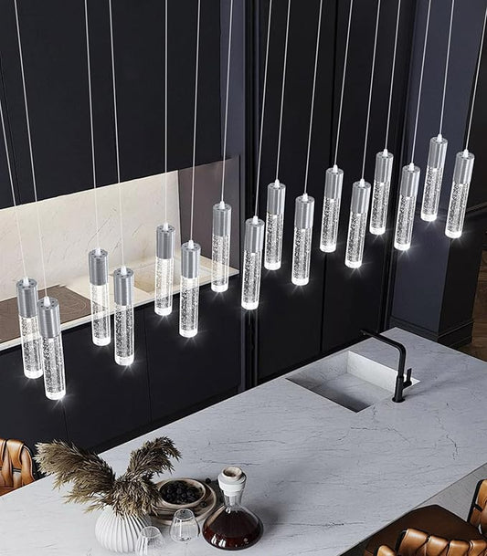 16-Lights Modern Crystal Rectangular Chandeliers LED Pendant Light for Kitchen Island High Ceiling Chandelier for Dining Room Entrance Foyer Living Room Silver