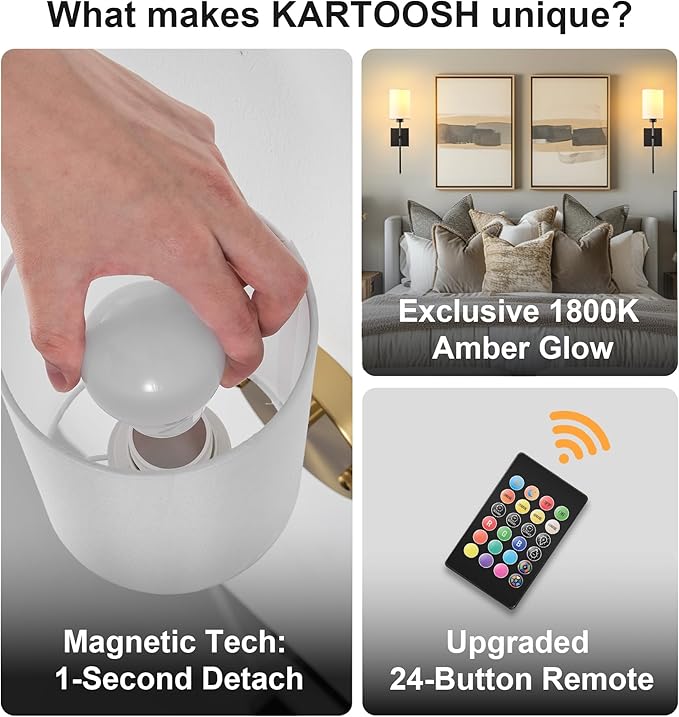 KARTOOSH Battery Operated Wall Sconce Set of Two, Wireless Rechargeable Wall Light with Remote Control, Dimmable, 4 Color Temperatures, RGB, Timer, for Living Room,Bedroom,Entryway, Black, 20.6 Inch