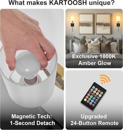 KARTOOSH Battery Operated Wall Sconce Set of Two, Wireless Rechargeable Wall Light with Remote Control, Dimmable, 4 Color Temperatures, RGB, Timer, for Living Room,Bedroom,Entryway, Black, 20.6 Inch