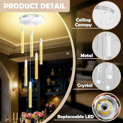 Luxury 6-Light Silver Bubble Crystal Column Chandelier, Dimmable LED Adjustable Height Pendant Light for Kitchen Island, Living Room, Foyer, Staircase