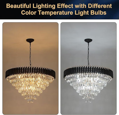 Modern Black and Gold Crystal Chandeliers 35'' Large Chandeliers for High Ceiling 7-Tier 22-Light K9 Crystal Luxury Round Crystal Chandelier Light Fixture for Staircase Living Room Foyer Lobby