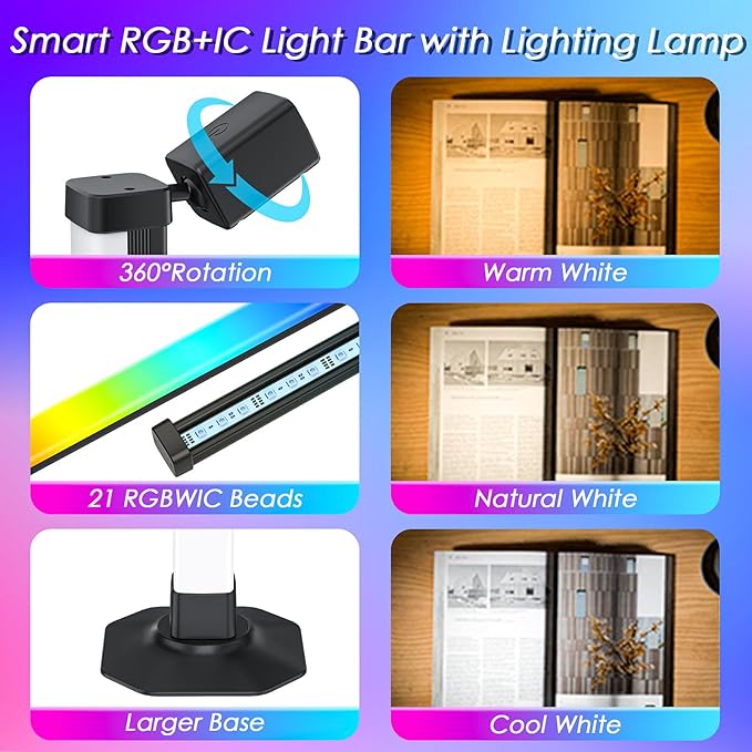 Smart Light Bar with Swivel Lamp, RGB LED Light Bar for Room, RGB & IC Ambient Backlight with 16 Million Colors, 213 Preset & 8 Scene Modes, Dynamic Music Sync, 3 Modes Control, for Gaming, Reading