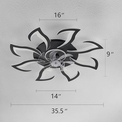 Malnutcolor Modern Low Profile 36 Inch Black Flush Mount Ceiling Fan with 3 Light Color 6 Speeds, Fandelier for Living Room