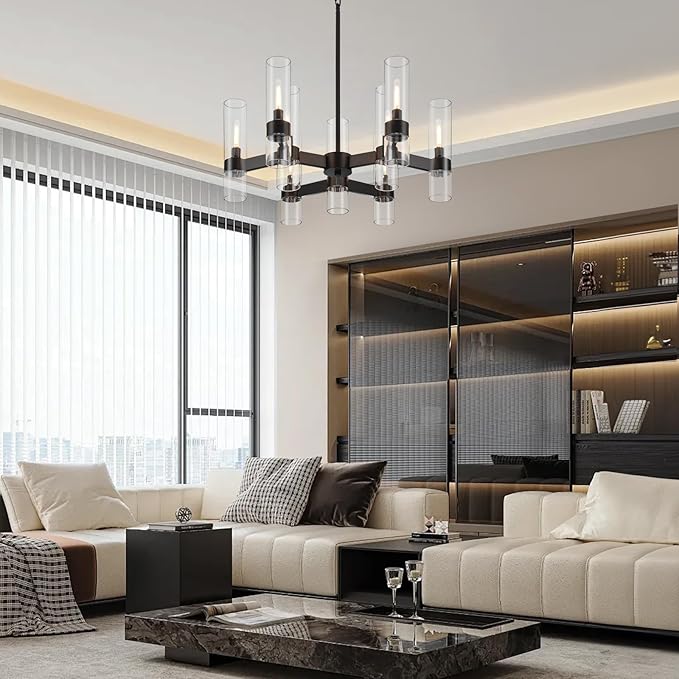 9 Light Black Chandelier, Modern Farmhouse Chandeliers for Dining Room Light Fixtures Over Table, Kitchen Island Lighting Fixture with Clear Glass Cover for Living Room Kitchen Island Bedroom Foyer