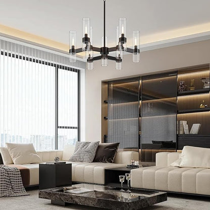 9 Light Black Chandelier, Modern Farmhouse Chandeliers for Dining Room Light Fixtures Over Table, Kitchen Island Lighting Fixture with Clear Glass Cover for Living Room Kitchen Island Bedroom Foyer
