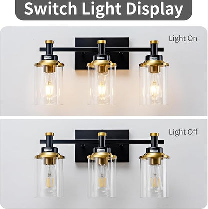 3 Light Bathroom Light Fixtures, Black and Brushed Gold Vanity Light Fixture Over Mirror, Modern Wall Sconces Lighting Wall Lamp for Bathroom, Bedroom, Hallway with Clear Glass Shade