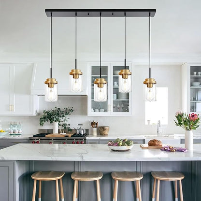 MELUCEE 5-Lights Adjustable Hanging Pendant Light Fixtures 37 Inches in Black, Modern Kitchen Island Lighting Linear Chandelier for Dining Room Over Table with Clear Glass Shade, Gold Socket