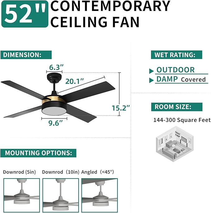 YITAHOME Black Ceiling Fans with Light and Remote, 52 Inch Gold Dimmable Fanlight for Indoor, 6 Modes with Stepless Color Temperature, Memory Function