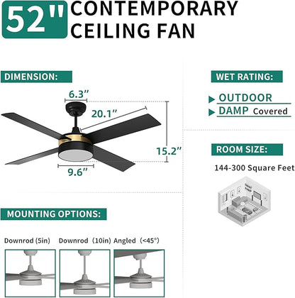 YITAHOME Black Ceiling Fans with Light and Remote, 52 Inch Gold Dimmable Fanlight for Indoor, 6 Modes with Stepless Color Temperature, Memory Function