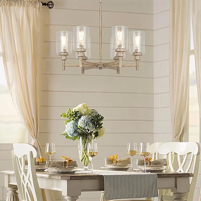 6 Light Farmhouse Chandeliers for Dining Room | Rustic Dining Room Light Fixtures Over Table | Fake Wood Hanging Lighting with Clear Glass Cover for Living Room | Kitchen Island | Entryway | Bathroom