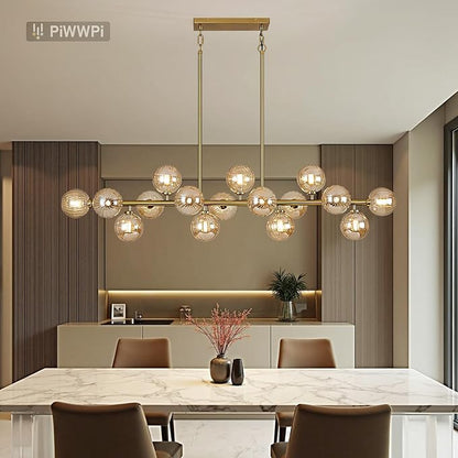 55" Long Brass Gold Chandeliers for Dining Room Kitchen Island, Large Globe Sputnik Linear Chandelier, 16 Lights Mid Century Modern Light Fixture Over Table, Amber Bubble, GC-08