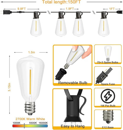 Svater Outdoor String Lights 150 FT, ST38 Patio Lights with 78 pcs Shatterproof Dimmable Vintage Edison Bulbs, Weatherproof Warm White Light for Patio, Backyard, Garden, Bistro