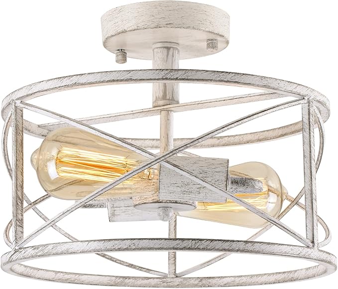 2-Light Semi Flush Mount Distressed White Ceiling Light Fixture, Farmhouse Vintage Metal Cage with Adjustable Height, Dimmable for Hallway Entryway Kitchen Bedroom Foyer Laundry Low Ceiling