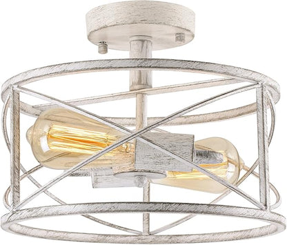 2-Light Semi Flush Mount Distressed White Ceiling Light Fixture, Farmhouse Vintage Metal Cage with Adjustable Height, Dimmable for Hallway Entryway Kitchen Bedroom Foyer Laundry Low Ceiling