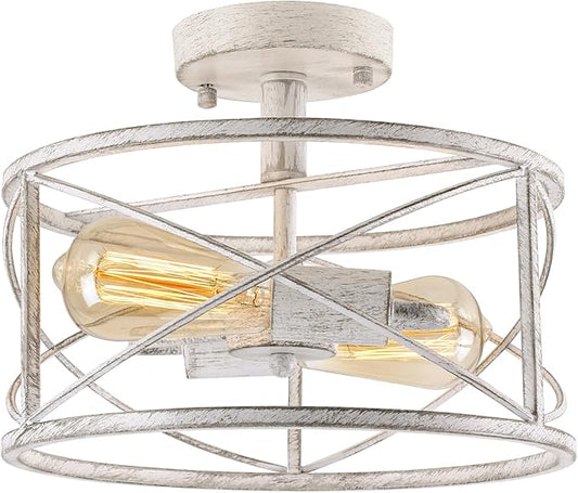 2-Light Semi Flush Mount Distressed White Ceiling Light Fixture, Farmhouse Vintage Metal Cage with Adjustable Height, Dimmable for Hallway Entryway Kitchen Bedroom Foyer Laundry Low Ceiling