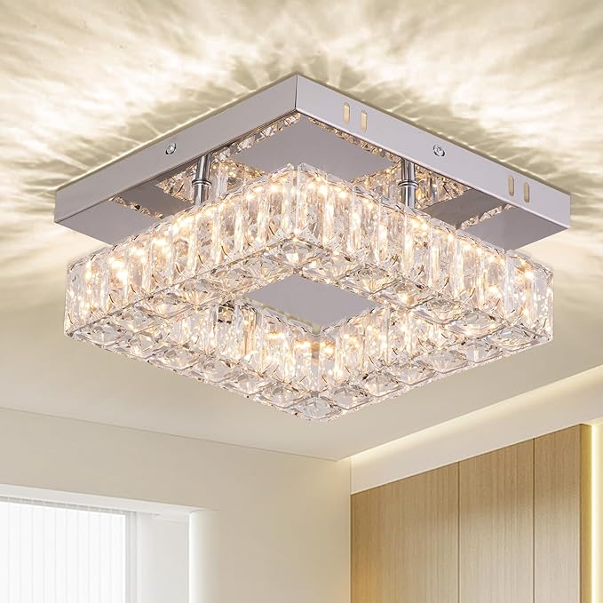9.8" Modern Mini LED Chandelier Square Crystal Ceiling Light Flush Mount Ceiling Light for Hallway Foyer Kitchen Closet 3000 K Warm White