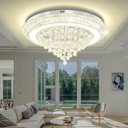 Large Crystal Chandelier for Living Room, Modern Led Luxury Crystal Chandeliers,40in Silver Flush Mount Chandelier Ceiling Light, Raindrop Chandeliers for Dining Room Bedroom