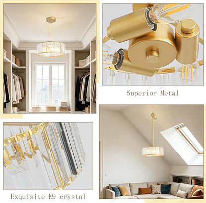 Small Gold Crystal Chandelier,Modern Dining Room Light Fixture Over Table,3-Ligh Round Kitchen Hallway Lighting Fixture, Semi Flush Mount Ceiling Pendant Light for Entryway Foyer, 12''