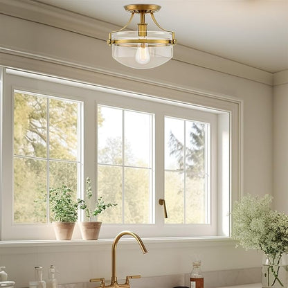 Kira Home Zurich 12" Modern Industrial Gold Semi-Flush Mount Ceiling Light with Clear Glass Schoolhouse Bowl Shade, Warm Brass Finish