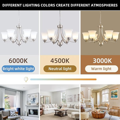 6 Lights Brushed Nickel Dining Room Light Fixture Farmhouse Modern Chandelier Pendant Light Silver Adjustable Ceiling Hanging Lighting with Frosted Glass for Kitchen Island Living Room Foyer