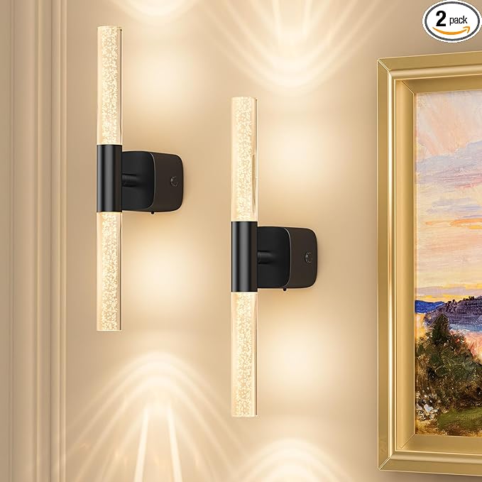 Battery Operated Wall Sconce Set of 2 Black Rechargeable Crystal Sconce Wall Decor Set of 2 with 12000mAh 16" CCT Dimmable 350° Rotate Remote Wireless Wall Light for Bedroom Living Room