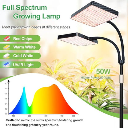 FRGROW 2026 2Head Grow Light with Stand, 50 Watt Power Draw, Big Coverage and Bright Enough for Indoor Large and Tall Plants, Bonsai Tree, 40"-64" Height Adjustable