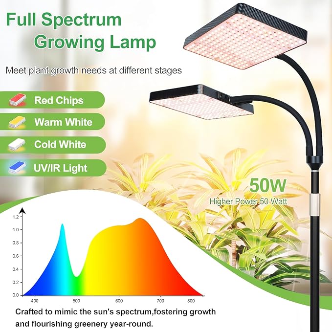 FRGROW 2026 2Head Full Spectrum Grow Light with Stand, 50 Watt Bright Grow Lights for Indoor Large Plants, Tall Bonsai Tree, Auto On/Off Daily Timer(4/8/12/16/20H), Adjustable Stand 24"-78"