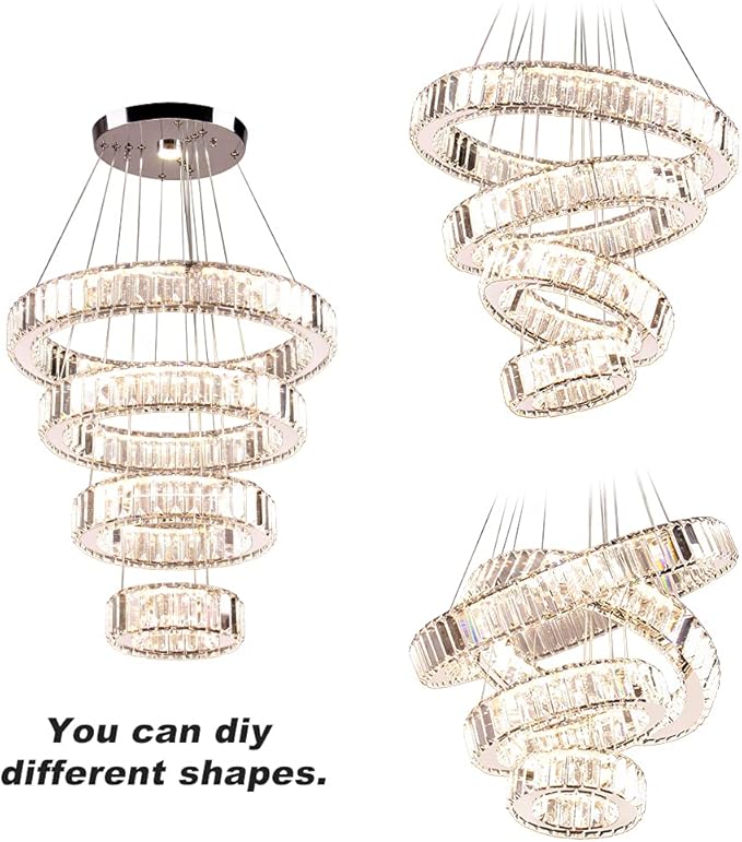 Dimmable Modern LED Chandelier with Remote 4 Ring Pendant Light Crystal Chandeliers for Dining Room Bedroom Living Room,3 Colors Adjustable,Dia7.9-11.8"-15.7"-19.7",79 W