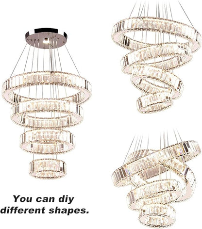 Dimmable Modern LED Chandelier with Remote 4 Ring Pendant Light Crystal Chandeliers for Dining Room Bedroom Living Room,3 Colors Adjustable,Dia7.9-11.8"-15.7"-19.7",79 W