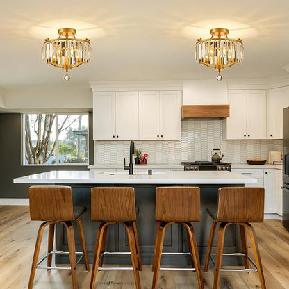 Crystal Gold Chandeliers Modern Farmhouse Small Chandelier 12.2 Inch 3-Light Round Crystal Mini Semi Flush Mount Ceiling Light Fixture for Dining Room Entryway Hallway Kitchen Bedroom Foyer