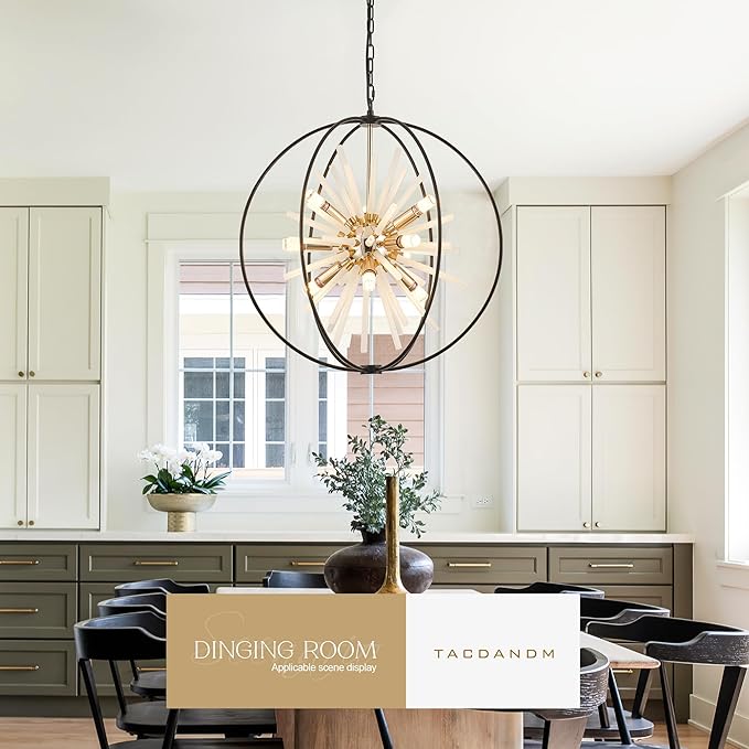 23.6" Black Gold 9-Light Globe Sputnik Chandelier Modern Firework Hanging Ceiling Glass Tube Pendant Light Fixture for Entryway Foyer Staircase Dining Living Room Hallway