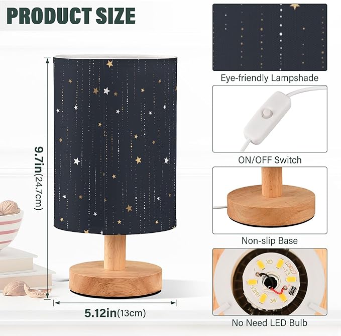 Galaxy and Star Rain Outer Space Dark Table Lamp with Wood Base Fabric Lamp Shade Bedside Nightstand Desk Lamp for Living Room Bedroom Kids Room Office
