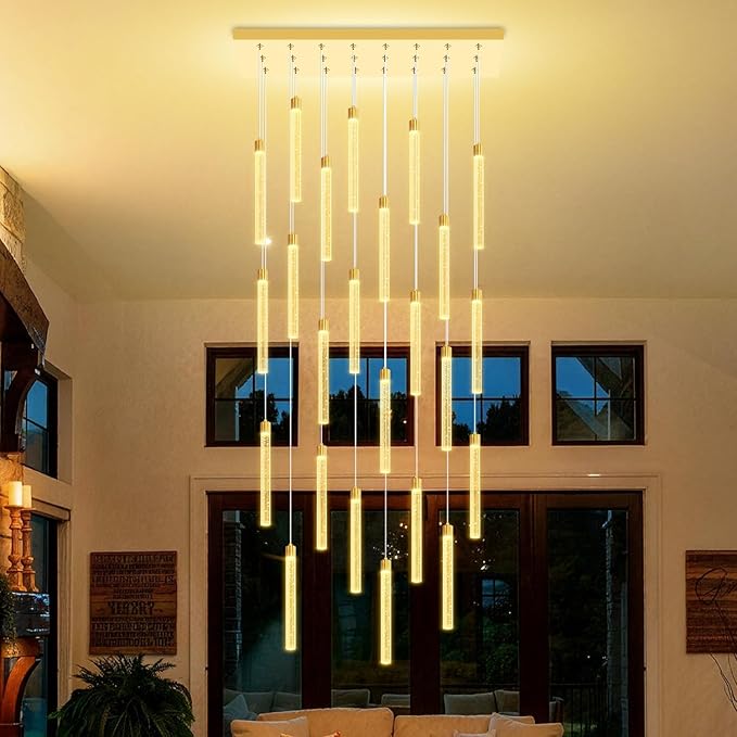 Modern Rectangular Crystal Chandeliers LED Dimmable Crystal Column Chandelier Living Room Foyer Crystals Pendant Light for Dining Room Adjustable Height 24-Light Gold