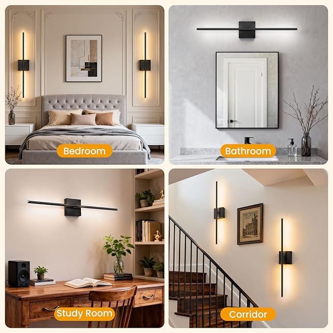 ZZXX 28 Inch Hardwire Wall Sconce Set of 2, 2700K-6500K Wall Lights with Remote Control, 350° Rotate LED Bathroom Wall Lamp Dimmable for Living Room Bedroom Bedside Light Fixtures