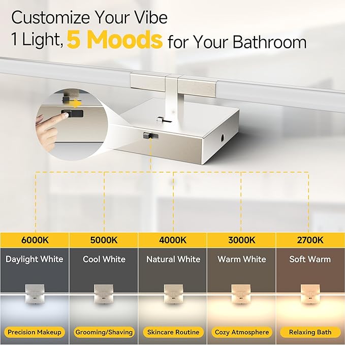24 Inch Brushed Nickel Bathroom Vanity Light, Built-in Dimmer 2700K-6000K 1100LM LED, 360° Rotatable Bathroom Lights Over Mirror for Makeup, Shaving, Restroom, Powder Room ETL FCC