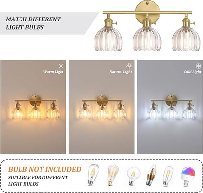Shenmoyl Bathroom Light Fixtures, 3-Light Brass Vanity wall Light Over Mirror with Clear Tulip Glass Shade for Bedroom Living Room (Bulb Not Included)